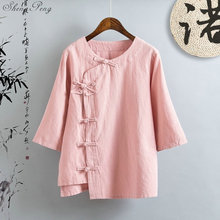 Льняная рубашка, женская льняная одежда, топ в китайском стиле Ципао, блузки с воротником-стойкой, однотонная льняная рубашка Q166 2024 - купить недорого