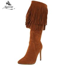 Sgesvier 2018 Fashion Fringe Tassel Mid Calf Pointed Toe Sexy High Heels Ridding Knigt Boots Brown Plus Size Ladies Shoes B718 2024 - buy cheap