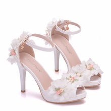 Summer stiletto high-heeled fish mouth white flowers bridal wedding shoes banquet dress large size all-match women's shoes 2024 - buy cheap