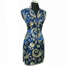 Женское шелковое атласное платье-Ципао, традиционное китайское летнее платье темно-синего цвета с цветочным Ципао с острым вырезом, Размеры S M L XL XXL XXXL WC013 2024 - купить недорого