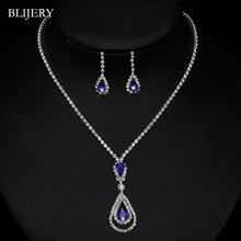 BLIJERY Royal Blue Crystal Bridal Jewelry Sets Silver Plated Rhinestone Waterdrop Necklace Earrings Women Wedding Jewelry Sets 2024 - buy cheap