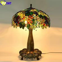 FUMAT Tiffany Stained Glass Table Lamps Wisteria Grape Peach Morning Glory Dragonfly Pure Copper Frame Hand Craft Desk LED Light 2024 - buy cheap