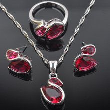 Brincos/pingente/colar/anéis femininos de zircônia vermelha rosa fofa presente de aniversário cor prata conjunto de joias qz0552 2024 - compre barato