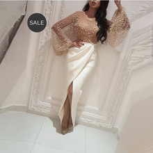 Elegant Muslim Evening Dresses 2019 Mermaid Long Sleeves Pearls Slit Sexy Islamic Dubai Saudi Arabic Long Formal Evening Gown 2024 - buy cheap