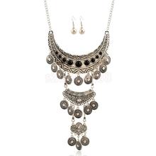 New Vintage Retro Necklace and Earrings Coin Jewelry Sets Chain Tassel Three Layers Fashion Jewelry Set with Black Gem 2024 - buy cheap