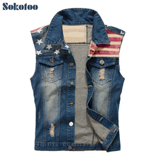 Sokotoo Men's casual stars and strip print patch design denim vest American flag holes ripped coat Plus large size tank top 2024 - buy cheap
