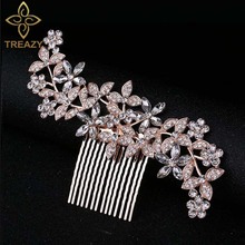 TREAZY 2019 New Large Rose Gold Color Crystal Wedding Hair Combs For Women Bridal Flower Headpiece Hair Jewelry Accessories 2024 - buy cheap
