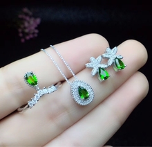 Natural green diopside Ring Pendant earrings Natural Gemstone Jewelry Set S925 Silver elegant water drop girl party gift jewelry 2024 - buy cheap