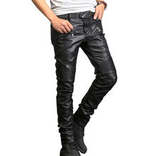 New France Style Mens Ripped Moto Pants Ribbed Skinny Black PU Leather Biker Slim Trousers Pencil Pants Size 29-40 2024 - buy cheap