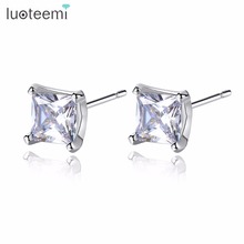 LUOTEEMI Classic Single 5mm *5mm Square Clear Zirconia Ear Stud Top Quality Cutting CZ Earrings for Girls White Gold Plated 2024 - compra barato