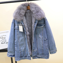Autumn Winter Denim Jacket Women Rabbit Wool Liner Jeans Jacket Fox Fur Collar Outwear Vintage Casual Thick Warm Ladies Coat 2024 - buy cheap
