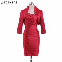 JaneVini Vestidos 2018 Plus Size Vermelho Bainha Mãe dos Vestidos de Noiva Com Jaqueta Pescoço Da Colher Frisada Tea Comprimento Jurk além de Jasje 2024 - compre barato