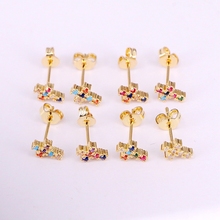 6Pairs, Rainbow colorful cz paved delicate earring multi color gold cross earring studs cz micro paved 2024 - buy cheap