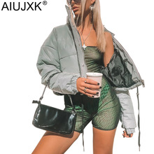 Ajujxk outono inverno streetwear jaqueta feminina prateada reflexiva quente casual curto casacos e jaquetas femininas sobretudo de algodão 2024 - compre barato