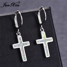 Boho Female Blue White Fire Opal Earrings Silver Color Cross Dangle Earrings For Women Vintage Long Drop Earrings 2024 - buy cheap