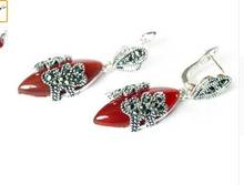 VINTAGE 11/2" NATURAL RED Natural Stone MARCASITE 925 NEW EARRINGS STONE 925 Sterling  wedding jewelry earrings 2024 - buy cheap