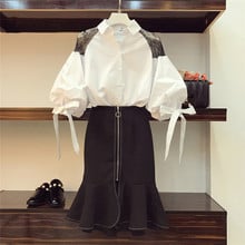 JSXDHK M-4XL размера плюс юбка костюмы 2019 летнее женское кружевное лоскутное платье с рукавами-фонариками, рубашка с галстуком-бабочкой для маленьких девочек топы + черная русалки, с застежкой-молнией, костюмы 2024 - купить недорого