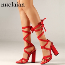 11CM Red Faux Suede Leather Women Heeled Sandals Summer Ankle Strap Pumps Woman High Heel Shoes Lady Party High Heels Shoe 2024 - buy cheap