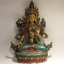 fast shipping USPS to USA S3498 Tibet Buddhism Copper Inlay Turquoise Coral Ruby Beryl White Tara Guanyin Statue 2024 - buy cheap