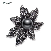 RHao Vintage Rhinestone flower Brooches for Women Black Camellia Brooch Pin Fashion Jewelry Coat Accessories Winter Ornament 2024 - buy cheap