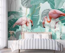 Papel de parede personalizado 3d, pintura de fundo de parede com folhas tropicais de flamingo estilo nórdico simples para decoração de parede de tv de sofá 2024 - compre barato