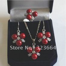 ¡Caliente vender! Hermoso Coral/Concha perla flor colgante collar pendiente anillo conjunto 2024 - compra barato