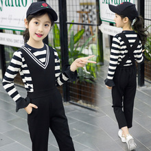 Children's clothing 2018 new girls long-sleeved striped scarf children's casual pants two-piece student clothing 4-14 years old 2024 - buy cheap