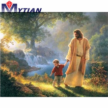 Pintura de diamante 5D para niño pequeño que camina con Jesús, bordado cuadrado completo, Kit de mosaico religioso, decoración de pintura 2024 - compra barato