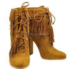 New Fringe Suede Ankle Boots Cross Tied Lace Up Chunky Hoof Heel Boots Brown Tassel Nubuck Boots Fashion Casual Women Shoes 2024 - buy cheap