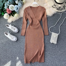 Fashion Bright Wire Knitted Women Vintage Robe Long Sleeve Solid Slim Pencil Bodycon Dress 2021 New Ladies Autumn Casual Dress 2024 - buy cheap