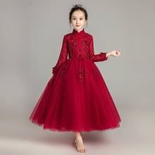 Vestido largo de manga larga para niña, traje rojo con bordado de flores, cinturón con volantes, elegante, para fiesta de noche y otoño 2024 - compra barato