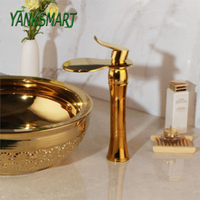 YANKSMART-grifo de lavabo en cascada dorado, grifería de montaje en cubierta, mezclador de agua fría y caliente de latón, cromado, para tocador de baño 2024 - compra barato