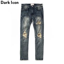 Jeans destruído masculino escuro, calça jeans destruída de estilo regular para homens, high street 2024 - compre barato