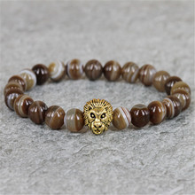 Pulseira com cabeça de leão para homens, bracelete varejo de 8mm com tira de café natural, pedra de natureza, miçangas, para presente, 2015 2024 - compre barato