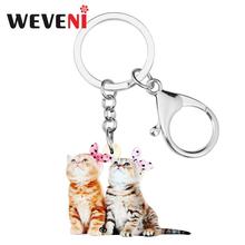 WEVENI Acrylic Cute Double Twin Kitten Cat Butterfly KeyChain Key Rings Animal Jewelry For Women Girls Teens Charms Lots Gift 2024 - buy cheap