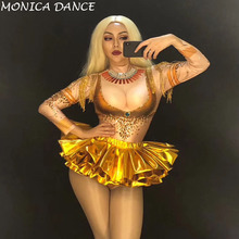 Roupa feminina ouro com pedras de strass, traje feminino sexy dourado de borla para dança do palco, roupa collant para apresentação de cantoras 2024 - compre barato