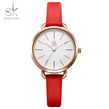 Часы Shengke женские кварцевые с простым циферблатом, стильные цветные, красные с кожаным ремешком, подарок для девушек 2024 - купить недорого