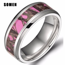 Женское титановое кольцо 8 мм, обручальное кольцо с розовым камуфляжным рисунком дерева, обручальное кольцо со скошенными краями, Женское О... 2024 - купить недорого