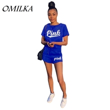 OMILKA 2 Piece Set Pink Printed Top and Shorts Set 2018 Summer Women Short Sleeve Black Blue Pink Casual Clothing Tracksuit Set 2024 - buy cheap