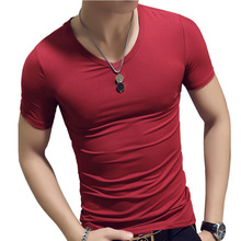 Мужская футболка с коротким рукавом, эластичная Однотонная футболка с v-образным вырезом, брендовая одежда для фитнеса, 5XL 2024 - купить недорого