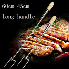 Long wooden handle stainless steel fork chicken duck goose soup big hooks fish meat beef BBQ Wood carbon Kitchen Outdoor Tools 2024 - buy cheap