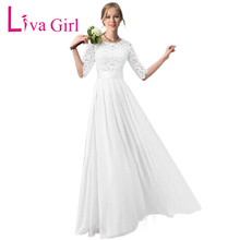 Liva-vestido longo de chiffon renda para meninas, 2020, vestido feminino branco, vazado, meia manga, plissado, rosa, 2x, roupa de casamento 2024 - compre barato