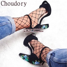 New Fashion Faux Suede Women Sandals Embroider High Heel Women Sandals Ethnic Floral Party Shoes Plus Size Flower Embroider 2024 - buy cheap