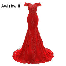 Vestido vermelho de baile, foto real, longo, ombro de fora, apliques frisados, vestido de noite formal, sereia, vestido para mulheres 2024 - compre barato