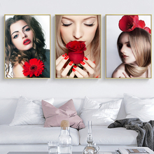 Red Flowers Girl Wall Art Poster Canvas Print Nordic Modular Picture Hotel Decoration Fashion Makeup Canvas Painting Home 2024 - buy cheap