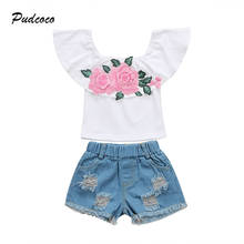 Модный детский топ с открытыми плечами и вышивкой для девочек Pudcoco + джинсовые шорты, комплект из 2 предметов, комплект одежды для малышей 2024 - купить недорого