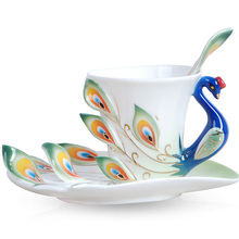 Juego de tazas y tazón taza de café, tazas de porcelana esmaltada, té y café de pavo real, pintura de cerámica, dibujo de colores, creativa 2024 - compra barato