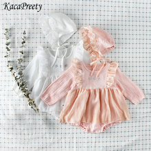 Lace bow princess romper for girls long sleeve cotton jumpsuit newborn body overalls children pajamas+hat 2024 - buy cheap