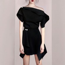 High Quality New Party Women Black Skirts Suits Sexy Off Shoulder Blouses And Irregular Pearls Skirt Suits Set With Bows NS207 2024 - buy cheap