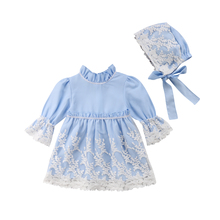 Princess Sweet Toddler Baby Girls Party Dress 2PCS Long Sleeve Lace Flowers Turtleneck Knee-Length A-Line Blue Dress+Hats 2024 - buy cheap